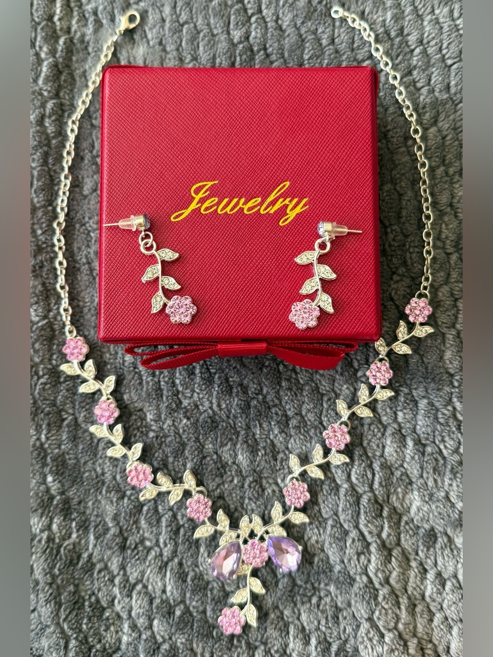Women Jewelry Pink Floral Crystal Necklace and Earrings Set